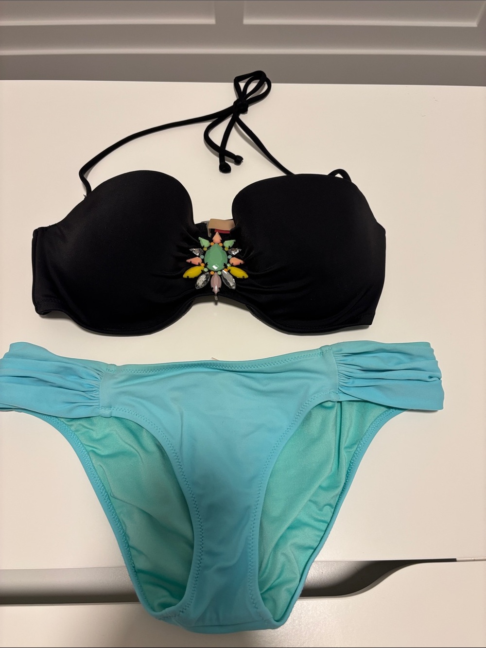Victoria's Secret Black Bandeau Bikini Top with Aqua Bottom and Jeweled Accent